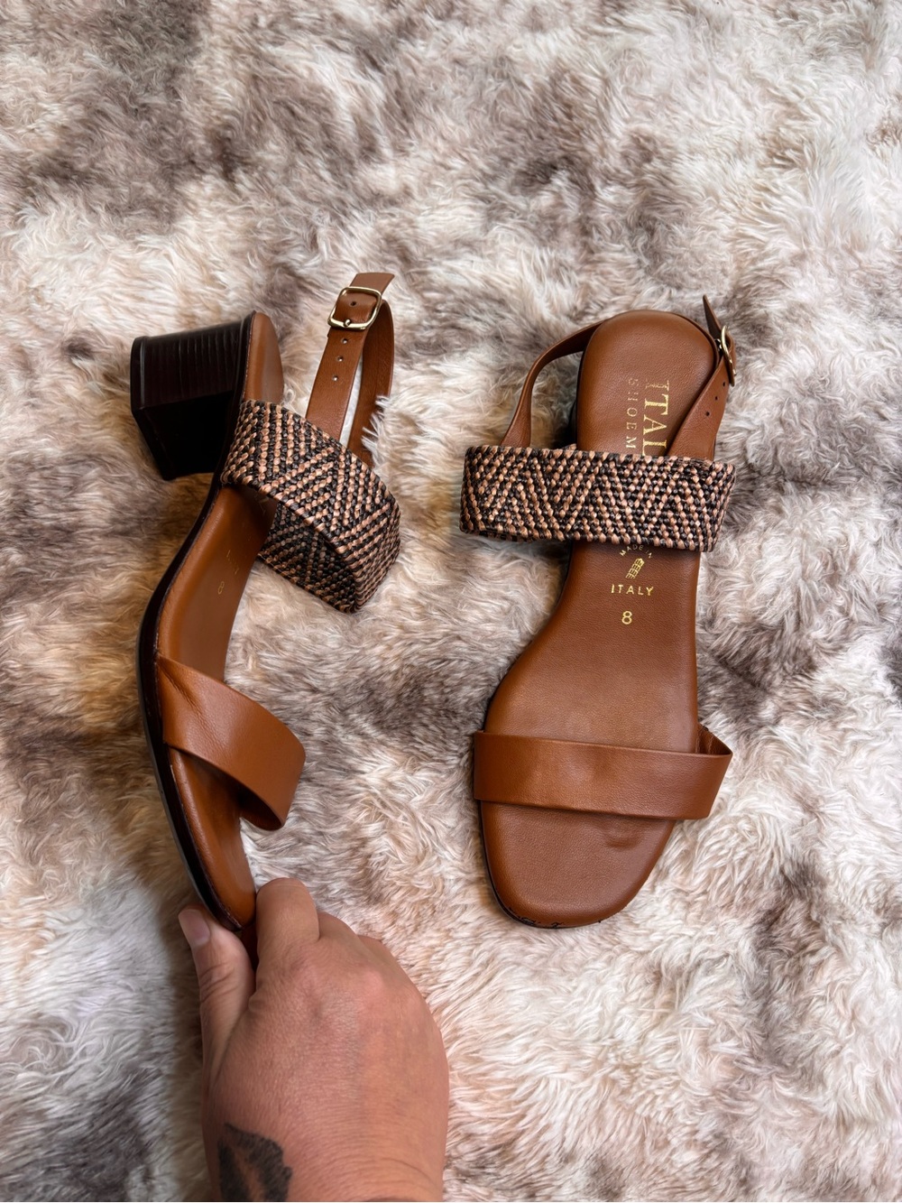 Italian Shoemakers Tan Leather & Woven Strap Block Heel Sandals